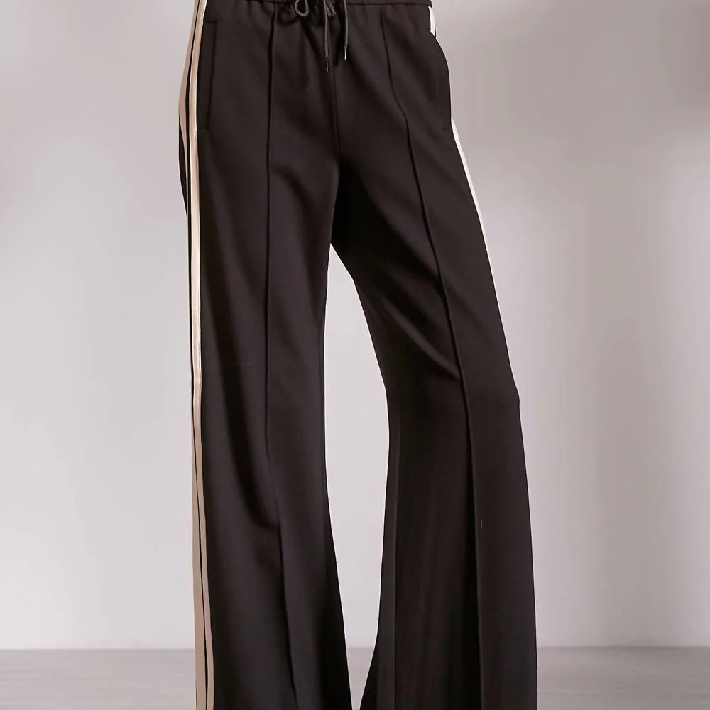 Elan Black Wide-Leg Pants with Cream Side Stripe